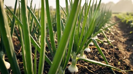 Rows of Young Green Onions Growing in a Field at Sunrise.