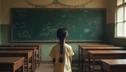 Indian schoolgirl stands alone facing blackboard in empty classroom. Rows of wooden desks suggest a learning environment. Daylight streams through window illuminating chalkboard dust.