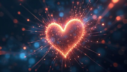 Glowing heart composed of digital particles streams outward. Futuristic abstract energy pulses across dark background. Symbolizes love data connection innovation technology.