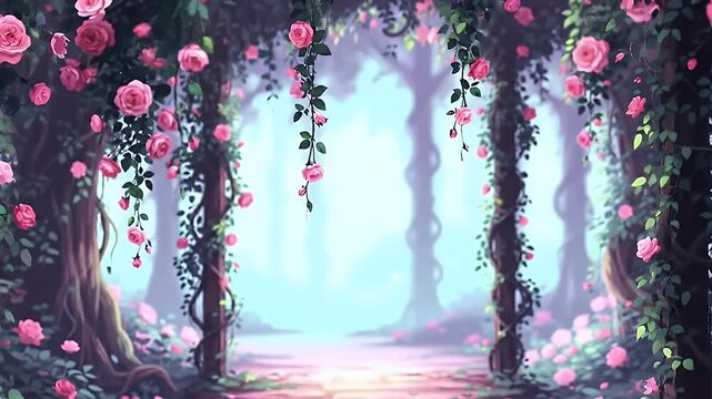 Enchanted Floral Tunnel of Hanging Vines and Pink Roses Leading to Light