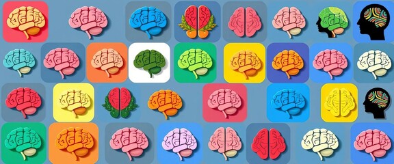 Collection of flat-style brain icons, various colors and designs,  abstract,  technology
