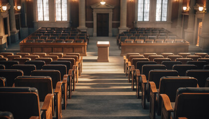 Elegant empty courtroom with rows of wooden chairs and desks