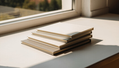 Stack of blank notebooks on windowsill with natural light