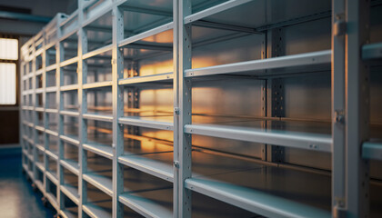 Empty industrial shelving units in a modern warehouse setting