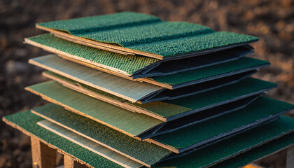 Stack of green roofing materials on wooden pallets outdoors