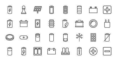 Fototapeta premium Energy and battery line icon set. Vector pictograms of alkaline cell, solar panel, power plug, windmill, charger, and renewable source, thin outline illustration.
