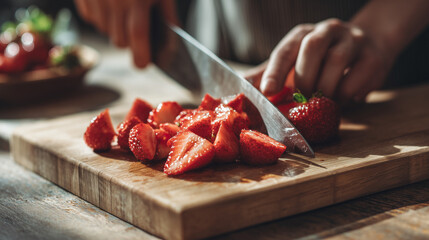 cutting fresh strawberries on wooden board, slicing strawberries food preparation, fresh strawberry cooking close up
