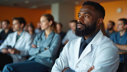 Diverse group of medical professionals attend conference. Practitioners listen attentively to speaker, gain knowledge. Healthcare experts share ideas, network in modern setting. Doctors improve