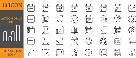 Action plan icons set calendar, chart, goal, settings, target line icons