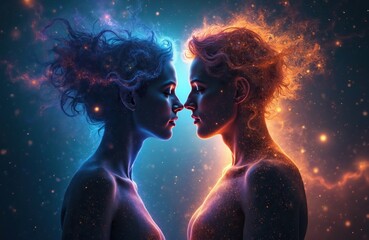 Two souls in silhouette face each other. One glows blue the other orange. Figures against cosmic star field. Spiritual union and connection concept art.
