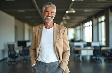 Successful mature man with gray hair stands confidently in modern office environment. Wears tan blazer over white t-shirt, gray pants, smiling at camera. Background shows blurred office desks,