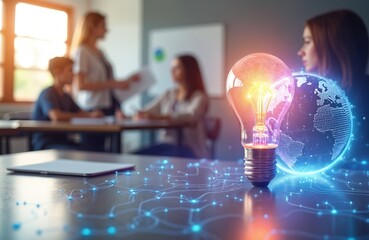 Glowing lightbulb and digital earth on classroom table. Students and teacher blurred in background. Concept for learning, innovation, and global tech.