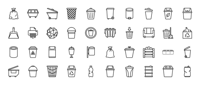 Waste management line icon set. Vector pictograms of trash cans, recycle bins, garbage bags, dumpster, shredder, barrels, and litter containers, thin outline illustration.