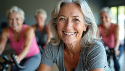 Smiling senior woman enjoys indoor cycling class with friends. Active elderly ladies pedal stationary bikes in gym. Group fitness boosts health and happiness, promoting vitality.