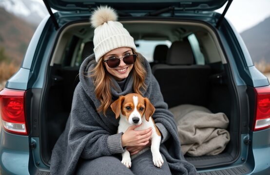 Young woman hugs small cute dog in car trunk on snowy mountain road. People travel together in winter season. Enjoying cold nature trip, happy pet owner smiles.