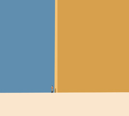 Woman standing on city street during daylight. Modern minimal building. Art design.