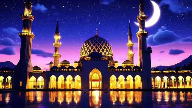 Extravagantly illuminated Islamic mosque with towering minarets and golden arches at sunset overlooking tranquil water reflections