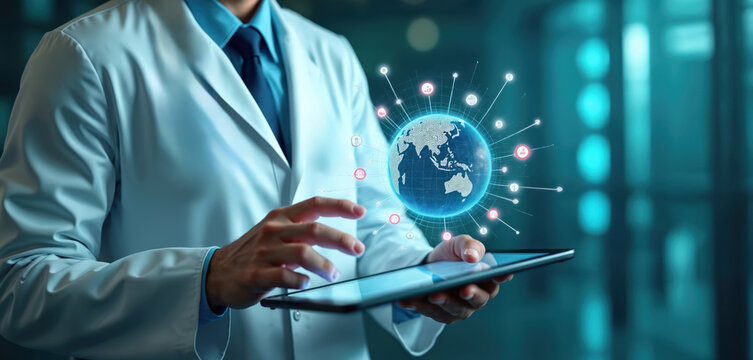 Doctor uses tablet with hologram globe displaying medical network connections. Future healthcare tech innovation, global health data management, science research. Scientist examines virtual patient - Powered by Adobe