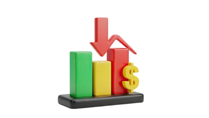 3D Bar chart with downward arrow and dollar sign on transparent background