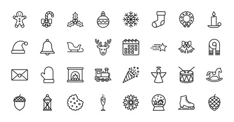 Christmas holiday line icon set. Vector pictograms of reindeer, stocking, snowflake, wreath, candle, sleigh, bell and gingerbread man. Thin outline illustration.