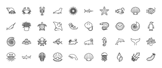 Obraz premium Marine life line icon set. Vector pictograms of crab, seal, turtle, dolphin, octopus, shark, starfish, jellyfish, seahorse, ray, whale, thin outline illustration.
