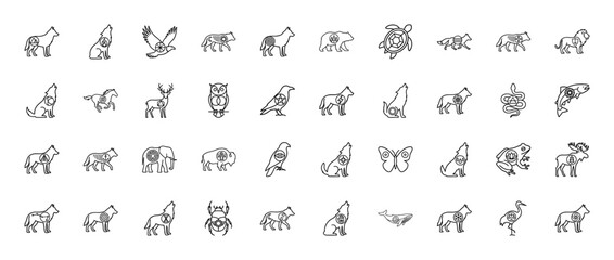 Mystic animal line icon set. Vector pictograms of wolf, bear, owl, deer, snake and lion with elemental symbols, thin outline illustration.