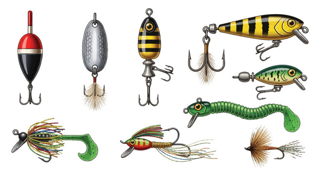 A detailed flat 2D illustration shows a vibrant collection of colorful fishing baits and lures, meticulously inspired by classic vintage tackle, isolated cleanly on a white background.