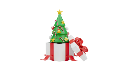 3D Christmas Tree Inside Gift Box with Red Ribbon on transparent background