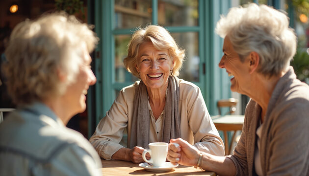 Three elderly women friends laugh heartily while enjoying coffee together at an outdoor cafe. They share conversation and bonding time over warm drinks in relaxed happy social gathering.