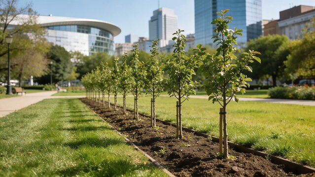 A long row of young deciduous trees is planted along a garden bed in a modern urban park with city skyscrapers behind.