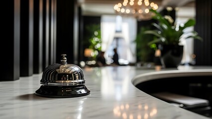 Hotel Reception Bell on Marble Counter with Indoor Plants and Elegant Lighting in Luxury Lobby Viewpoint
