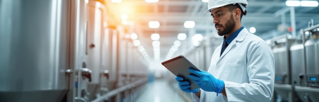Food factory worker in lab coat checks production tanks with tablet computer. Male operator in protective hard hat and gloves oversees manufacturing process. Industry technology workplace.
