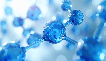 Close-up of a vibrant blue molecule structure, spheres and bonds, bokeh background