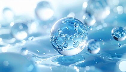 Macro shot of water orbs containing molecular structures, reflecting light