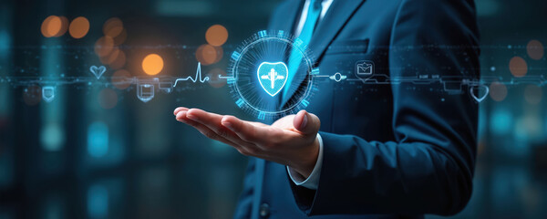 Man in suit holds virtual health shield with medical icons. Digital health network data shows care plan. Futuristic healthcare innovation growth insurance finance.