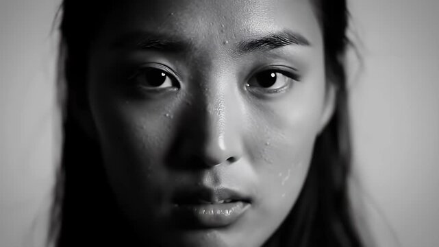 Intense Black-and-White Close-Up Portrait of a Young Woman with Subtle Left Lighting