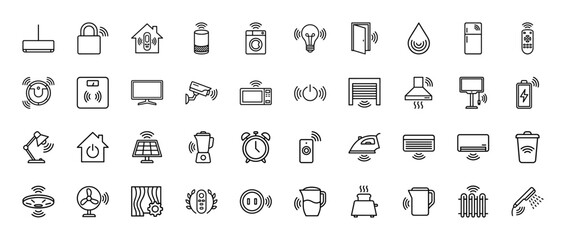 Fototapeta premium Smart home automation line icon set. Vector pictograms of camera, thermostat, lock, speaker, vacuum, bulb, appliance and sensor, thin outline illustration.