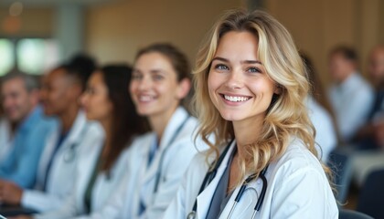 Young smiling female doctor at medical seminar with diverse professionals. She learns and engages in health care training. Positive medical team collaborates in study session.