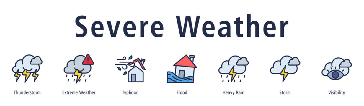 Severe Weather web banner icon vector illustration with icons of Thunderstorm, Extreme Weather, Typhoon, Flood, Heavy Rain, Storm, and Visibility.