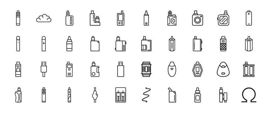 Electronic cigarette line icon set. Vector pictograms of vape pen, liquid bottle, coil, battery, smoke cloud, charger, atomizer, mod, thin outline illustration.