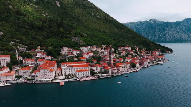 Perast Town aerial view in Kotor Bay in Montenegro