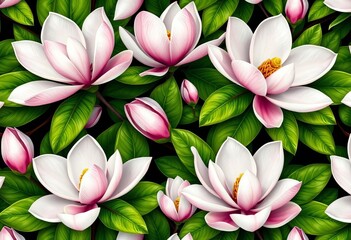 Fototapeta premium Elegant magnolia blossom repeat pattern, showcasing delicate petals and lush green leaves, romantic, delicate