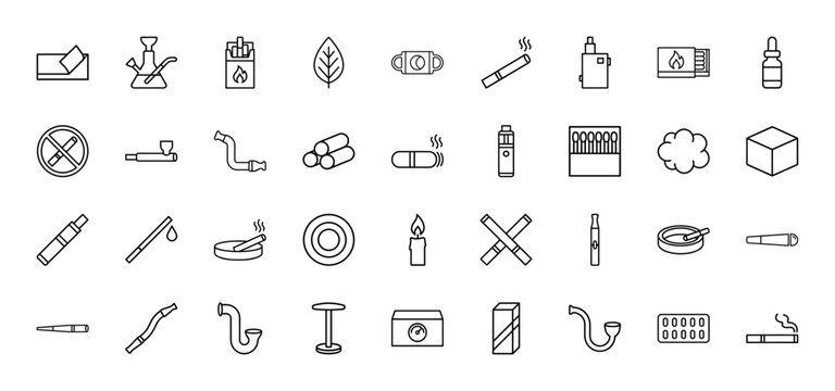 Smoking and vaping line icon set. Vector pictograms of cigarette, vape, hookah, tobacco leaf, lighter, matchbox, smoke cloud, pipe and ashtray, thin outline illustration.