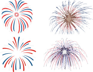 Four different firework explosions with red white and blue patriotic colors
