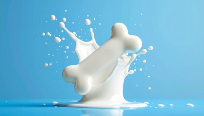 Bone-shaped item in splash of white liquid against a blue backdrop