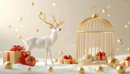 Festive scene with a white deer, golden cage, and gifts in a snowy setting