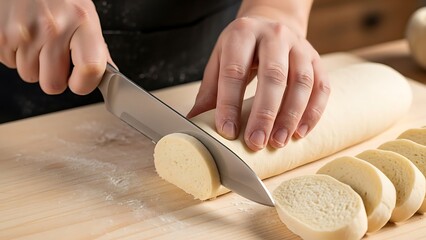 Close-up artisan slicing dough with metal knife on wooden board