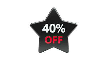 3D Black Star with 40% Off Discount Message on transparent background
