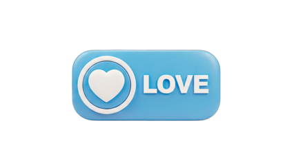 3D Blue 3D button with white heart and the word LOVE on transparent background
