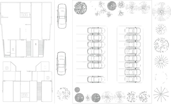 Architectural floor plan with parking lot top view and vehicle silhouettes on grid map